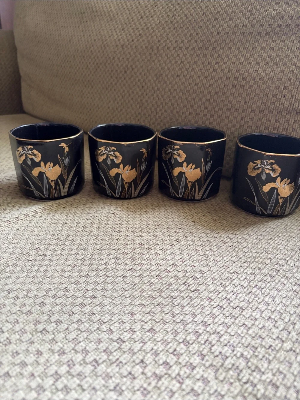 NWT - Vintage Black & Gold Iris & Dragonfly Teapot & 4 Teacups Made In Japan